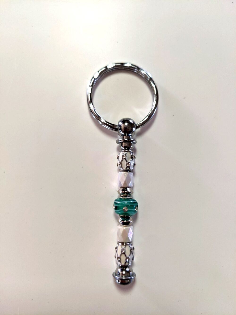 Beaded Keychain, Bag Charm, Accessory - Green, White, Bling, Handmade